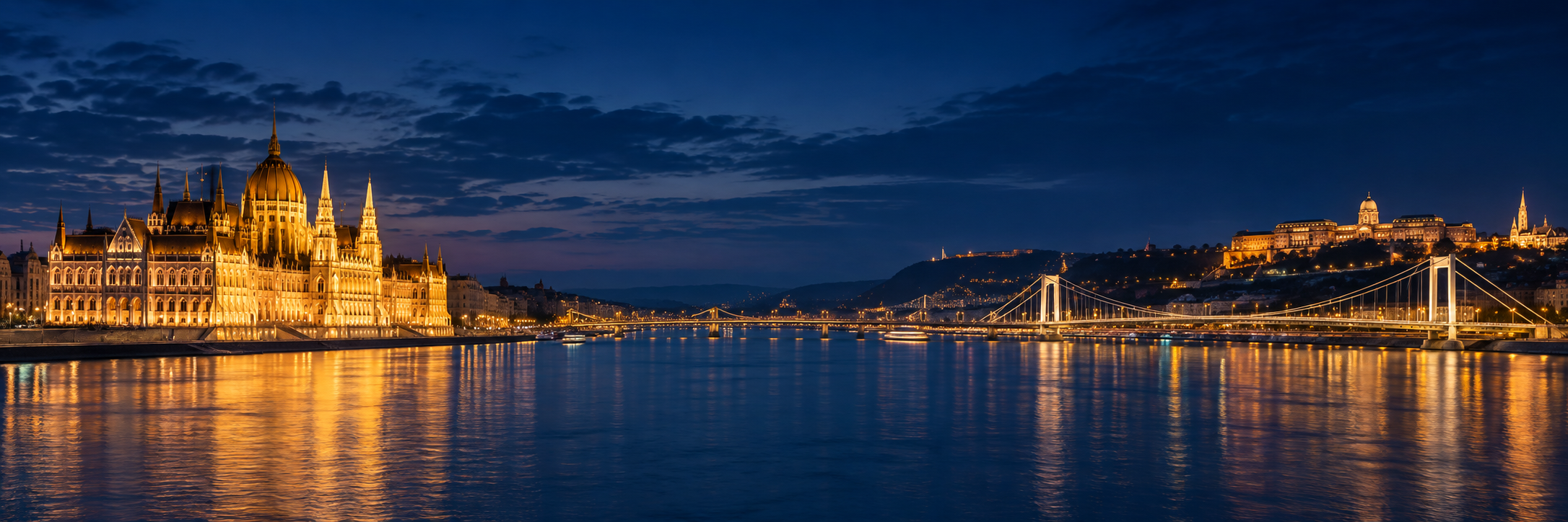 Budapest esti panorámája a Dunával és a kivilágított várossal