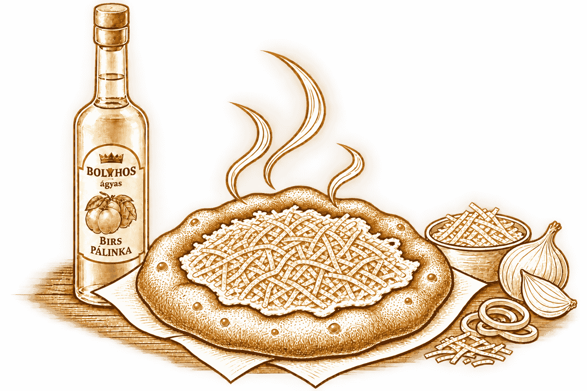 Gold line illustration of fresh lángos, classic toppings and Hungarian pálinka
