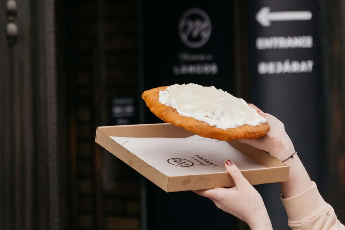 Takeaway sour cream and cheese lángos at Molnár’s Lángos